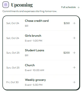 Upcoming dated bills, grocery trip, and household events