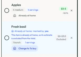 Grocery list showing bananas and apples already at home and fresh basil with a choice to change it to buy