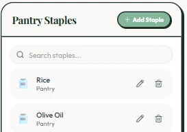 Saved pantry staples screen listing Rice and Olive Oil
