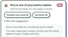 Rice pantry-staple recommendation with the full choices Prioritize next week and No thanks