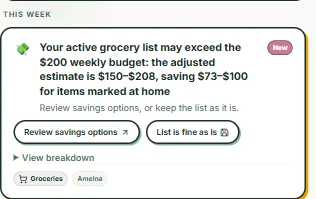 Amelna Noticed grocery-budget insight with options to review savings or keep the list as is
