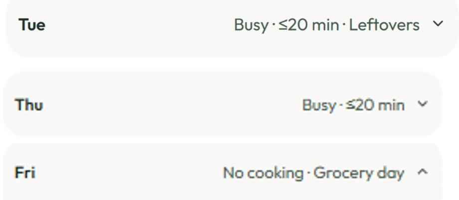 Saved day summaries showing Tuesday Busy and Leftovers, Thursday Busy, and Friday No cooking with Grocery day