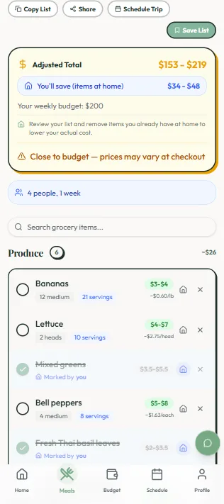 Grocery list generated from an Amelna meal plan